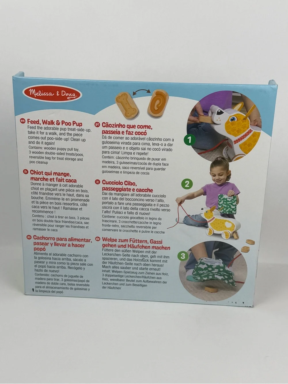 Melissa & Doug Feed, Walk & Poo Pup Wooden Preschool Pull Toy Ages 18m +